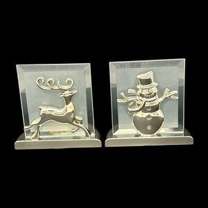 Kirkland Set Of 2 Christmas Reindeer Snowman Glass Tealight Candle Holders 4.5"